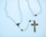 P402W - 6 mm. Glass Pearl Rosary from Fatima, Silver Rose Our Father Beads, White