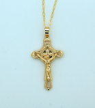 BCF88 - Brazilian Necklace, Gold Plated Crucifix with St. Benedict, 20 in. Chain