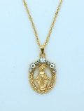 BMF562 - Brazilian Necklace, Gold Plated, Cut-Out Miraculous Medal with Crystals, 20 in. Chain