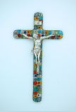IG1486 - Italian Genuine Murano Glass Crucifix, Multi-Colored Flowers, 6 in.