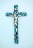 IG1486B - Italian Genuine Murano Glass Crucifix, Blue Flowers, 6 in.