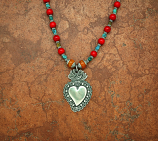 SSGN24 - Sterling Silver Gemstone Necklace, Heart with Flame, Coral, Turquoise & Amber