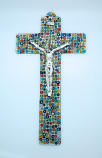 IG2435 - Italian Genuine Murano Glass Crucifix, Multi-Colored Flowers, 13 in.
