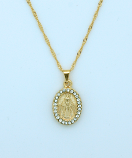 BMF642 - Brazilian Necklace, Gold Plated, Miraculous Medal with Crystals, 20 in. Chain